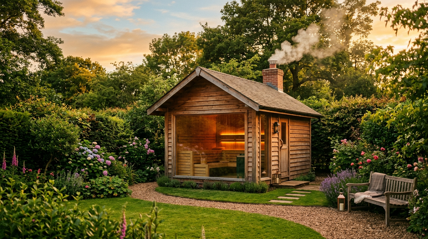 A cedar cabin sauna with a panoramic glass window glowing warmly in an English country garden at golden hour